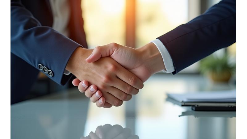 Professional executive shaking hands with a coach, symbolizing partnership and a new beginning