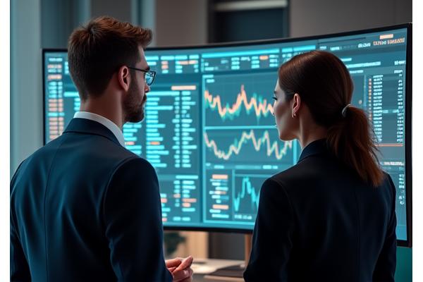 Financial executives discussing data on a screen in a sophisticated office, emphasizing security and strategy