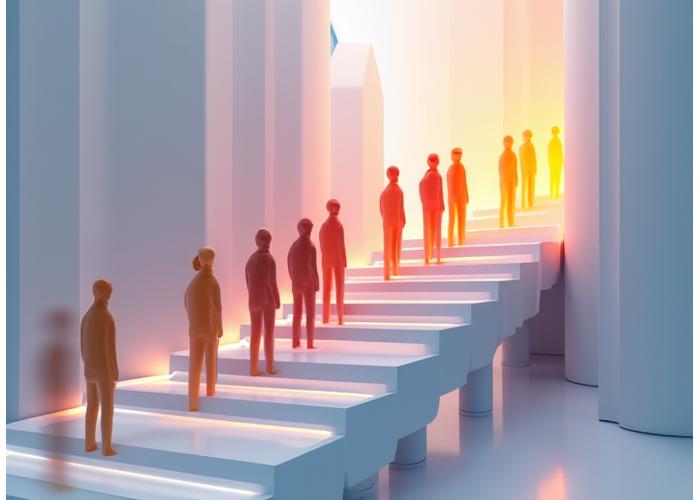 Abstract visualization of a strong leadership pipeline, showing diverse talent moving upwards