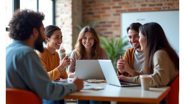 A dynamic team working on laptops in a modern startup office.