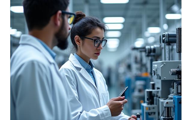 Engineers observing automated machinery in a clean, modern factory.