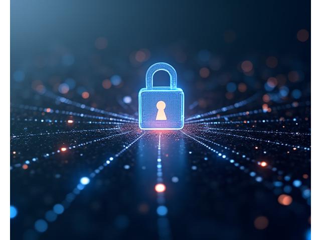A padlock icon overlayed on a glowing network of data, symbolizing data protection and security.